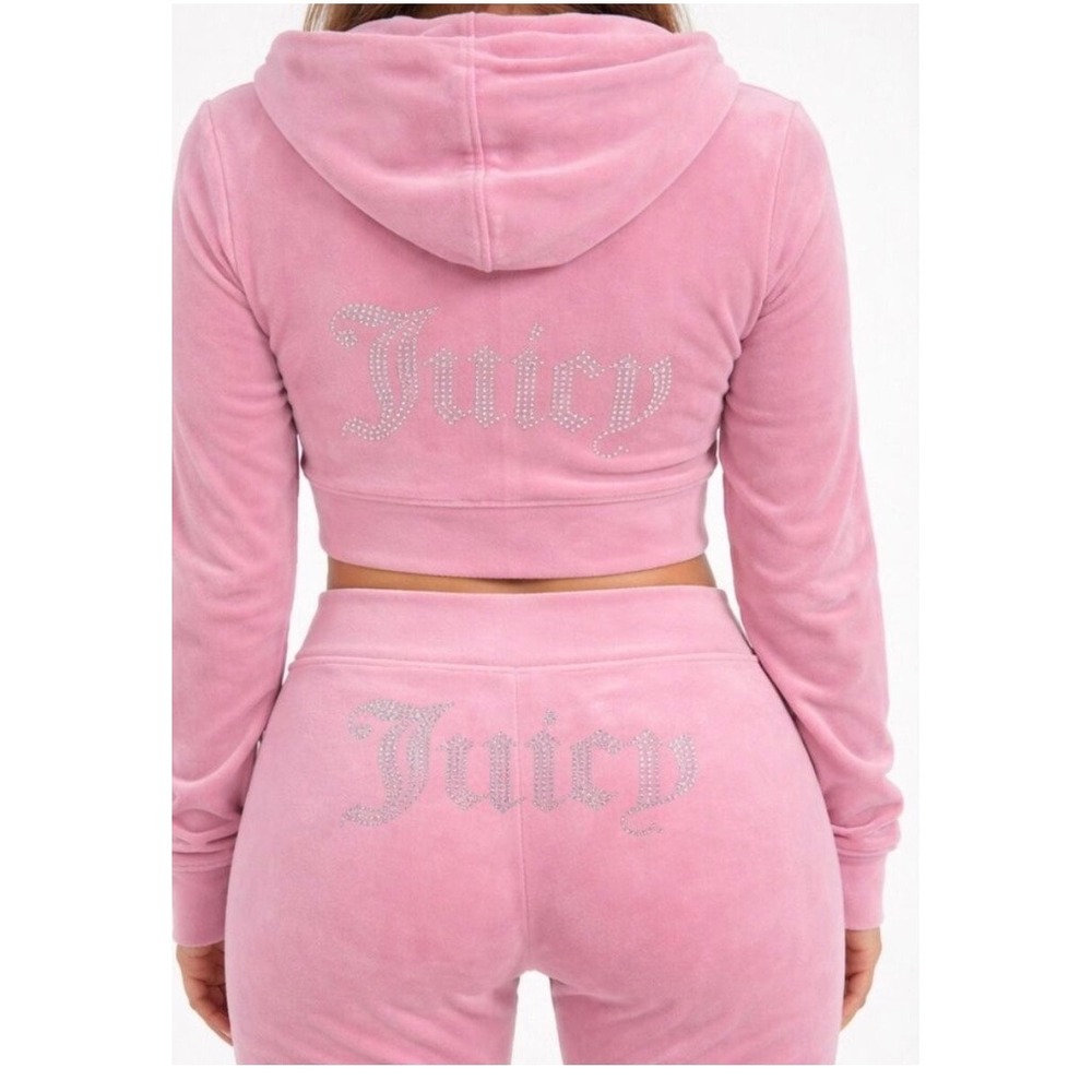 Juicy Couture Pink rose Velour Tracksuit Set Rhinestone Logo Hoodie Pants XL NEW - Picture 13 of 13